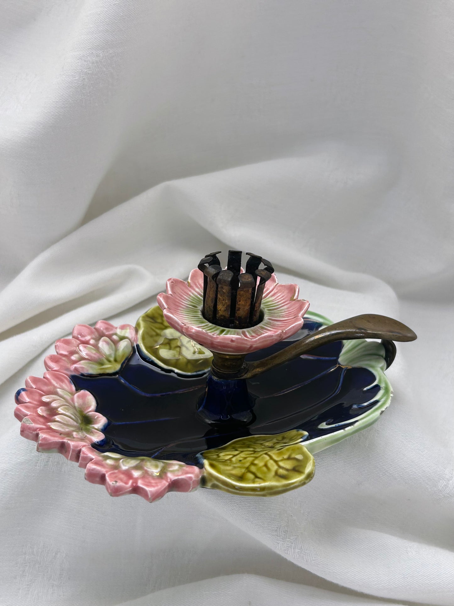 Antique Majolica Chamberstick Candle Holder