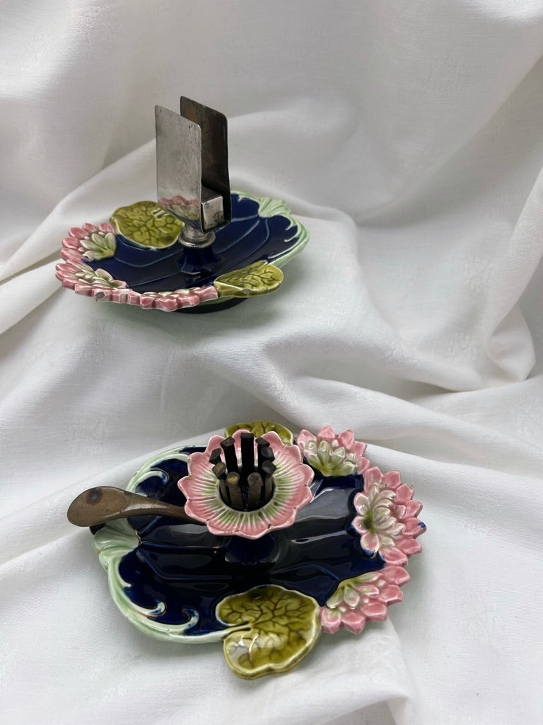 Antique Majolica Chamberstick Candle Holder