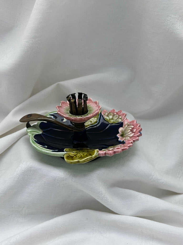 Antique Majolica Chamberstick Candle Holder