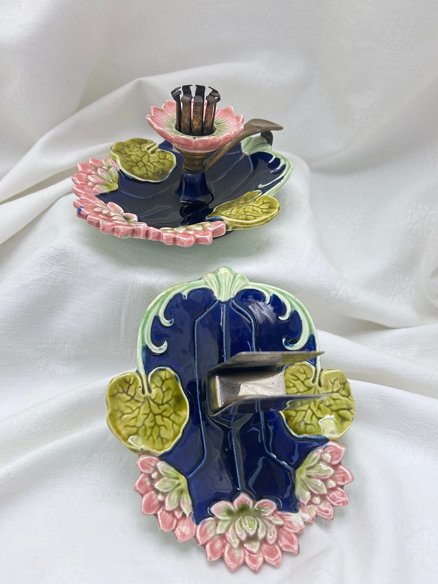Antique Majolica Chamberstick Matchbox Holder