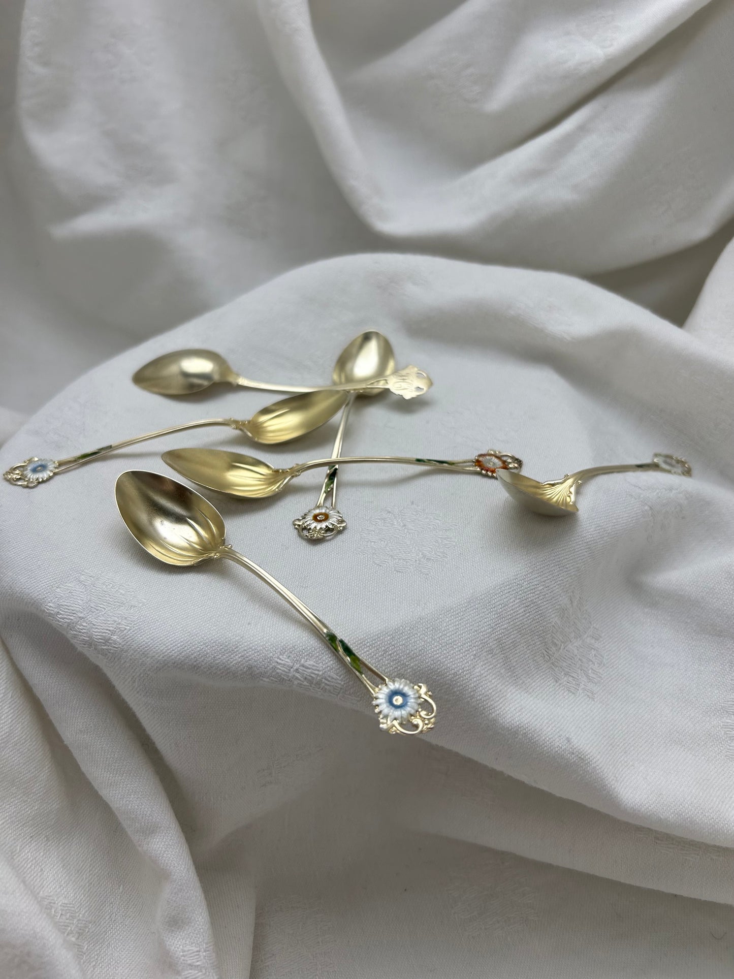 Enamel & Gilded Floral Silver Demitasse Spoons